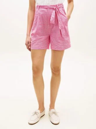 Pantaloni scurți din seersucker cu imprimeu gingham și curea