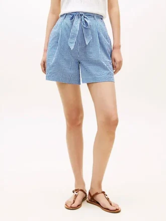 Pantaloni scurți din seersucker cu imprimeu gingham și curea