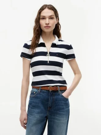 Polo cu croială slim fit, dungi de rugby și fermoar