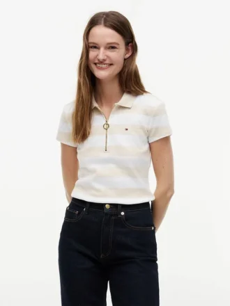 Polo cu croială slim fit, dungi de rugby și fermoar Polo cu croială slim fit, dungi de rugby și fermoar