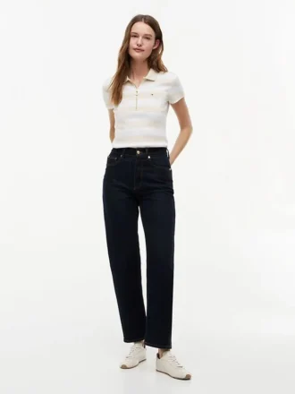 Polo cu croială slim fit, dungi de rugby și fermoar Polo cu croială slim fit, dungi de rugby și fermoar