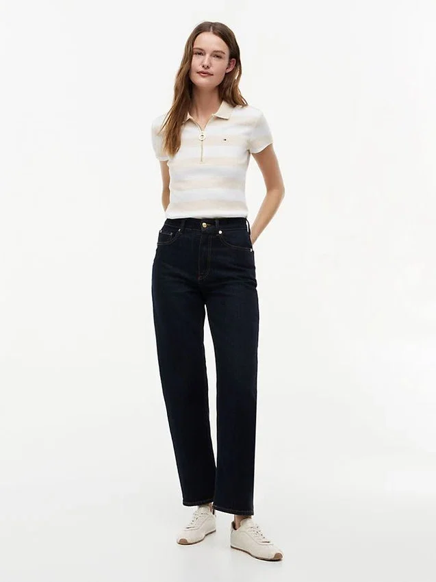 Polo cu croială slim fit, dungi de rugby și fermoar Polo cu croială slim fit, dungi de rugby și fermoar
