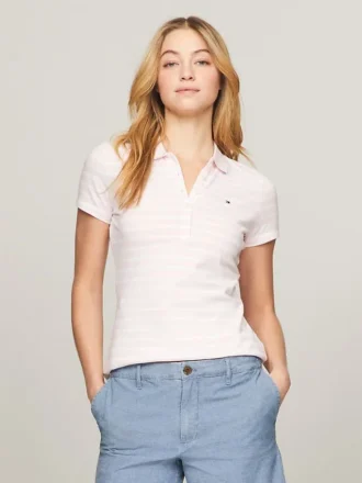 Polo din bumbac elastic cu dungi, croială slim Polo din bumbac elastic cu dungi, croială slim