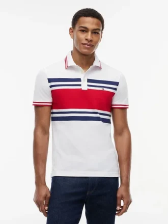 Polo slim fit din piqué elastic cu dungi groase