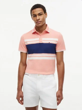 Polo slim fit din piqué elastic cu dungi groase