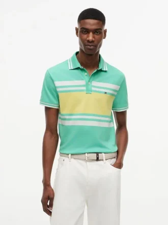 Polo slim fit din piqué elastic cu dungi groase