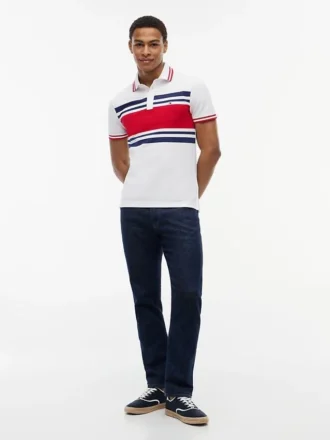 Polo slim fit din piqué elastic cu dungi groase