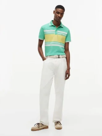 Polo slim fit din piqué elastic cu dungi groase