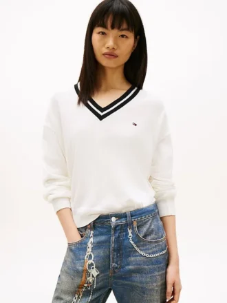 Pulover Tommy Jeans cu croială lejeră și guler în V Pulover Tommy Jeans cu croială lejeră și guler în V