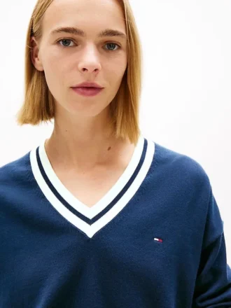 Pulover Tommy Jeans cu croială lejeră și guler în V