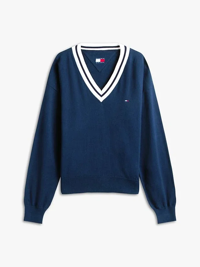 Pulover Tommy Jeans cu croială lejeră și guler în V Pulover Tommy Jeans cu croială lejeră și guler în V