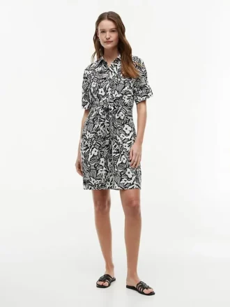 Rochie-cămașă din amestec de in cu imprimeu tropical