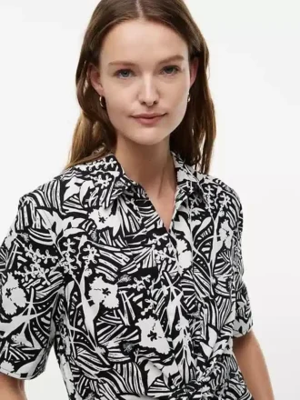 Rochie-cămașă din amestec de in cu imprimeu tropical