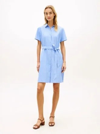 Rochie-cămașă din amestec de in și bumbac, cu curele