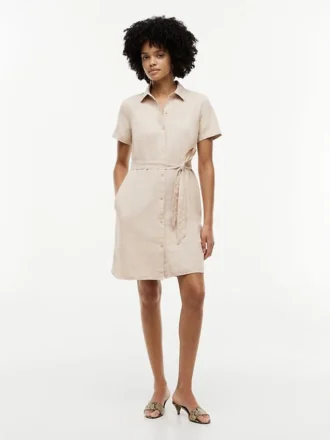 Rochie-cămașă din amestec de in și bumbac, cu curele