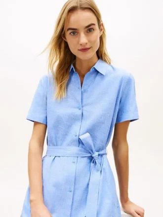 Rochie-cămașă din amestec de in și bumbac, cu curele
