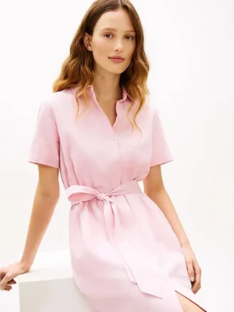 Rochie-cămașă din amestec de in și bumbac, cu curele