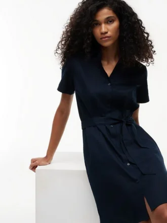 Rochie-cămașă din amestec de in și bumbac, cu curele