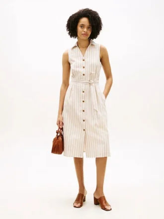 Rochie-cămașă din amestec de in și bumbac cu dungi