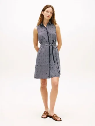 Rochie-cămașă din crep cu imprimeu TH Grid și curele