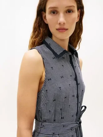 Rochie-cămașă din crep cu imprimeu TH Grid și curele