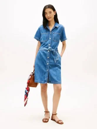 Rochie-cămașă din denim cu spălare medie și curele