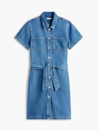 Rochie-cămașă din denim cu spălare medie și curele