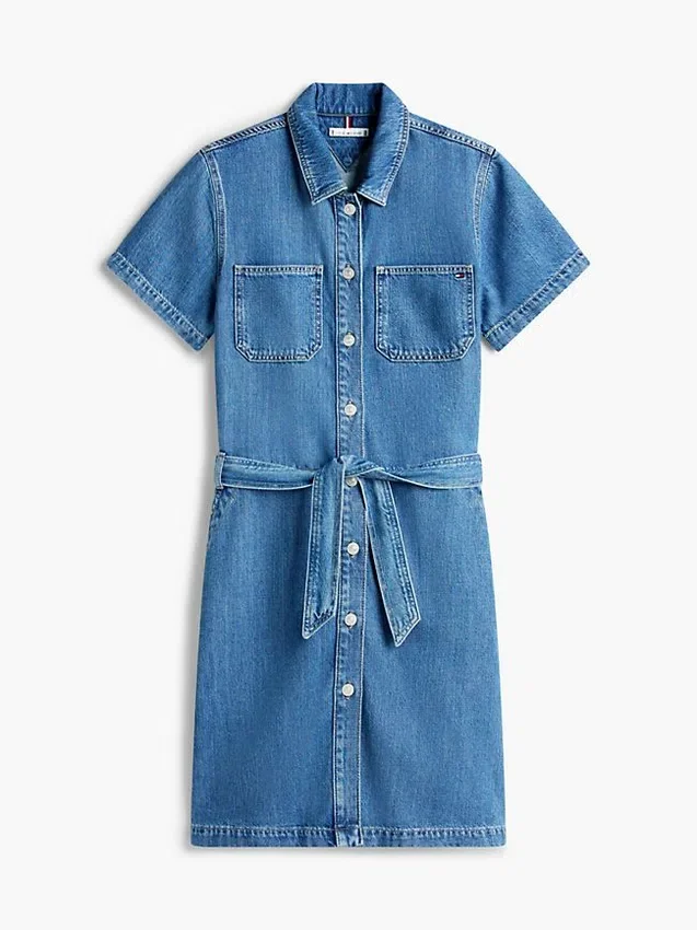 Rochie-cămașă din denim cu spălare medie și curele Rochie-cămașă din denim cu spălare medie și curele