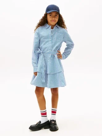 Rochie-cămașă din poplin cu dungi și volane pentru copii