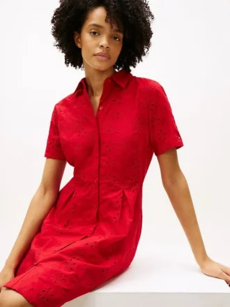 Rochie-cămașă din poplin cu ochiuri brodate