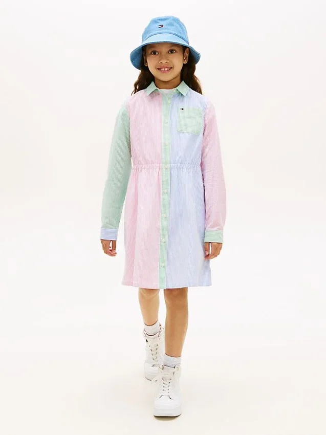 Rochie-cămașă elastică cu dungi mixte pentru copii Rochie-cămașă elastică cu dungi mixte pentru copii