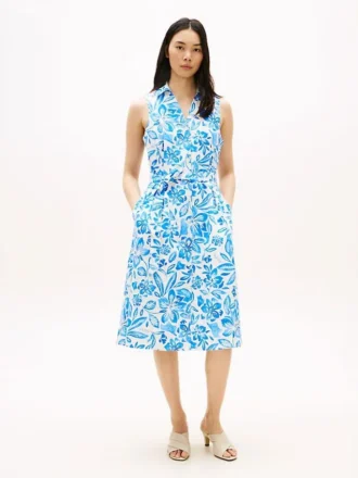 Rochie-cămașă fără mâneci, cu centură, din amestec de in