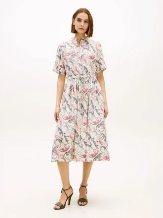 Rochie-cămașă midi din in cu imprimeu animalier