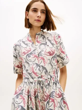 Rochie-cămașă midi din in cu imprimeu animalier