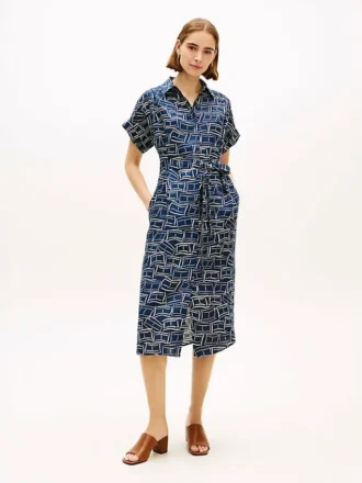 Rochie-cămașă midi din in cu imprimeu steag și curele