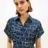 Rochie-cămașă midi din in cu imprimeu steag și curele