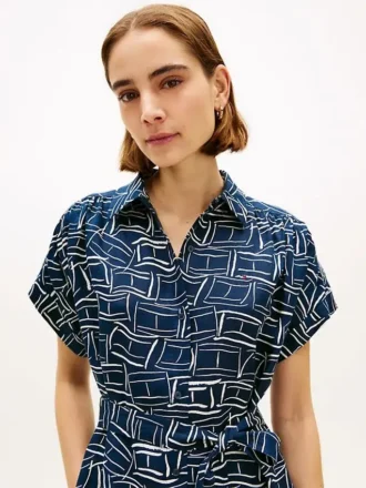 Rochie-cămașă midi din in cu imprimeu steag și curele