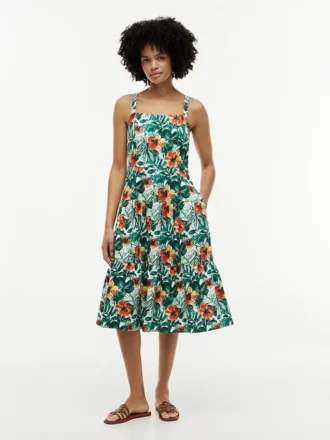 Rochie din amestec de in cu imprimeu tropical
