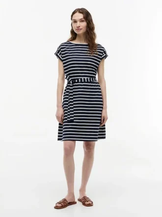 Rochie din bumbac elastic cu dungi și curele