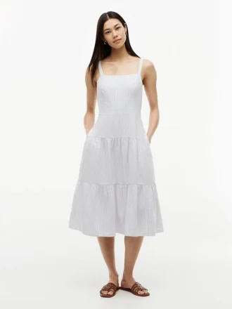 Rochie midi din amestec de in, cu dungi și volane