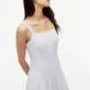 Rochie midi din amestec de in, cu dungi și volane
