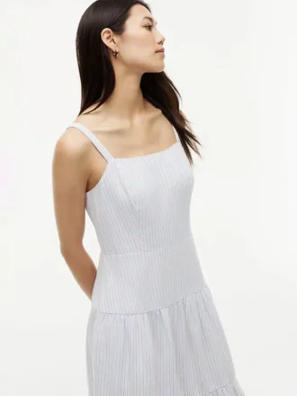Rochie midi din amestec de in, cu dungi și volane