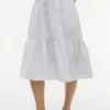 Rochie midi din amestec de in, cu dungi și volane