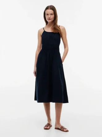 Rochie midi din amestec de in, cu volane