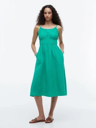 Rochie midi din amestec de in cu volane