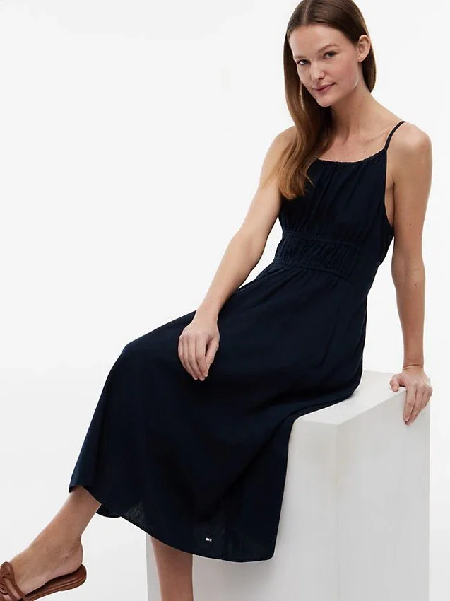 Rochie midi din amestec de in, cu volane Rochie midi din amestec de in, cu volane
