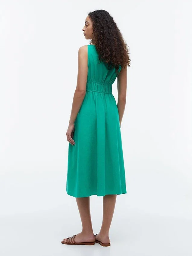 Rochie midi din amestec de in cu volane Rochie midi din amestec de in cu volane