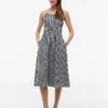 Rochie midi din amestec de in cu volane, cu imprimeu gingham