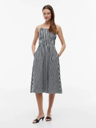 Rochie midi din amestec de in cu volane, cu imprimeu gingham