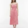 Rochie midi din amestec de in cu volane, cu imprimeu gingham